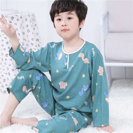 Summer children's Pyjamas cotton silk boys' and girls' long sleeve thin section middle-aged children's baby girls' cotton silk home clothes set