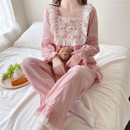 Women's Sleepwear Long Sleeve Pajama Set Pants Suit Pijamas Women Japan Style Cute Loose Cotton Lacework Square Collar Home Clothes D254