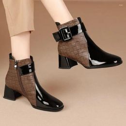 Boots Women's Belt Buckle Short Autumn Fashion Chunky Heel Square Toe Shoes Large Size Side Zip High Heels Botas Para Mujeres