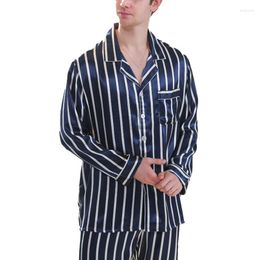 Men's Sleepwear Men Stripe Long Sleeve Nightwear Lapel Pocket Underwear Ultra-Thin Silky Pyjama Set Breathable Casual Homewear