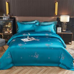 Bedding sets Svetanya Blue Satin Jacquard Embroidery bedding set King Queen Bed Lines Sheet Pillowcase Duvet Cover Set Elastic sheet 230906