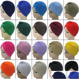 Beanie/Skull Caps Stretchy Turban Head Wrap Band Sleep Hat Chemo Bandana Hijab Pleated Indian Muslim Headscarf Beanie Cap Drop Deliv Dhgfw