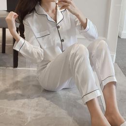 Women's Sleepwear 2PCS Pyjamas Sets Women Lapel Imitation Silk Long Sleeve Home Wear Ladies Mujer Sexy Satin Tops Pants Nightgown Autumn