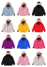 Clássico crianças jaqueta canadense casaco designer jaquetas de inverno menino menina crianças grossas roupas luxuosas quentes com pele com capuz parkas sólido bebê ganso casacos ao ar livre