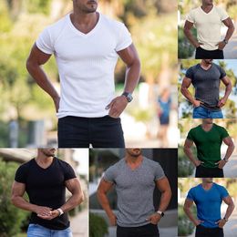 Men's Polos 2023 Selling Summer Slim Fit V-Neck Sports Fitness Breathable Spot Solid Short Sleeve T-shirt Sweatwicking