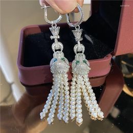 Dangle Earrings 3.5-4" 6-8MM Natural White Pearl CZ