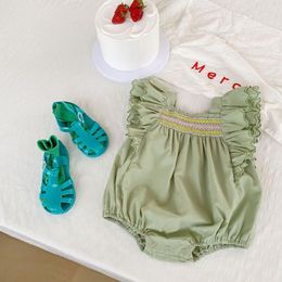 Rompers Summer Clothes For Babies Flying Sleeve One-piece Girl Solid Green Color Romper Embroidered Triangle Climb Suit Born Jumpsuit