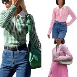 Women s Jumpsuits Rompers Female Bodysuit Houndstooth Print Turn Down Collar Long Sleeve Romper Playsuits for Girls Green Pink S M L 230906