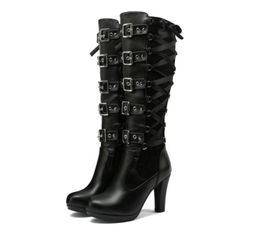 Platform Boots For Women Lace Up Chunky High Heel Med Calf Boots Narrow Band Bow Knot Goth Gothic Shoes For Girls Shoes