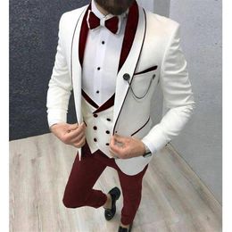 Slim Fit Casual Men Suits 3 Piece Groom Tuxedo for Wedding Prom Burgundy and White Male Fashion Costume Jacket Waistcoat Pants278Q