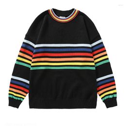 Men's Sweaters Harajuku Black Green Striped Pullovers Men Autumn Winter High Street Knitted Sweater Loose Crew Neck Long Sleeve Tops