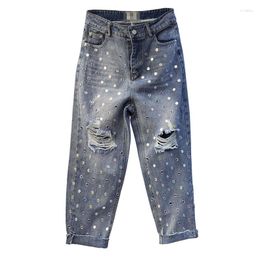 Women's Pants European Spring Summer Denim High-waisted Bright Diamond Piece Holes Loose Harem Jeans Women Fashion Streetwear 2023