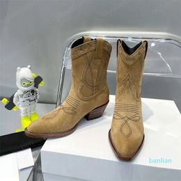 designer shoes chunky heel Ankle Boots Pointed Toes Western Cowboy Boots carved motorcycle combat boots