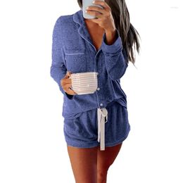 Women's Sleepwear Pajamas Set Knitted Ladies Casual Lapel Autumn And Winter Long-sleeved Shorts Home Wear