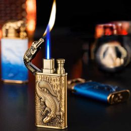 New Double Fire Crocodile Head No Gas Lighter Metal Three-Dimensional Relief Straight Punch Conversion Flame Lighter C0CH