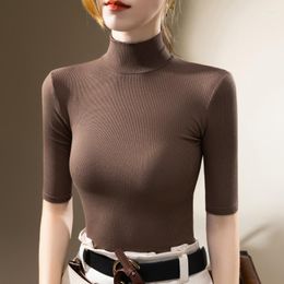 Women's T Shirts Early Autumn Half Sleeve Shirt Girls Turtleneck Threaded Base Tops Female Slim Simple Tees Tshirts