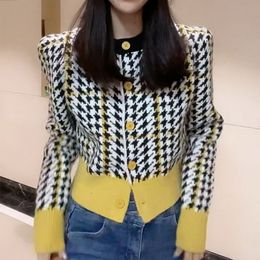 Womens Knits Tees Yellow Houndstooth Knitted Women Sweater Lady Coat Woman Cardigan Sweaters Female Jumpers Overcoat Jacket Girl Fall Cloth Tops 230906