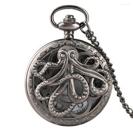 Pocket Watches Grey Black Hollow Octopus Arabic Numerals Analogue Quartz Necklace Watch Men Women Punk Retro Pendant Timepiece Chain Clock