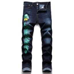 Men's Letter Print Jeans Fashion Stretch Slim Skinny Pants Dark Blue All-match Male Denim Trousers Pantalons Pour Hommes205s