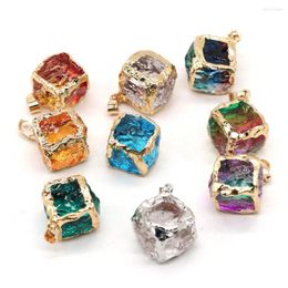 Pendant Necklaces 23mm Natural Stone Crystal Irregular Cube Necklace Clip Pinch Bail Gold Border Glass Charm Jewellery Accessories