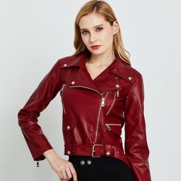 Women's Leather Autumn Women Faux Jacket Biker Red Black Coat Turn Down Collar PU Motorcycle Jackets Slim Streetwear Outerwear With Belt