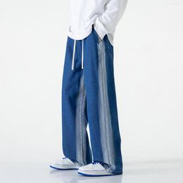 Men's Jeans For Men Fall Mens Color Matching Elastic Waist Trendy Washed Wide Leg Denim Pants Man Streetwear Slacks