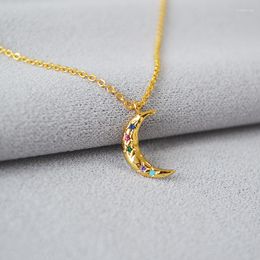 Pendant Necklaces Japanese And Korean Fashion Exquisite Delicate Minimalist. Brass Gold-plated Colorful Zircon Moon Short Style