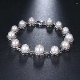 Link Bracelets 2023 NoEnName_Null Simulated Pearl Bracelet And Cz Beads For Women's Fashion Silver Wedding Jewelry