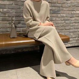 Women's Two Piece Pants Autumn Casual Solid Color Women Fashion Knitted 2 Pieces Set O Neck Long Sleeve Sweater And Wide Leg Pant Loose