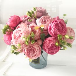 Decorative Flowers Wreaths 30cm Rose Pink Silk Peony Artificial Flowers Bouquet 5 Big Head and 4 Bud Fake Flowers for Home Wedding Decoration indoor 230906