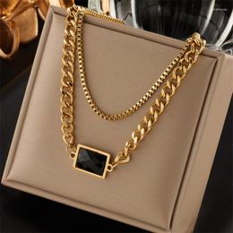 Choker 316L Stainless Steel Retro Light Luxury Simple Rectangular Black Crystal Double Layer Non Fading Women's Chain Necklace