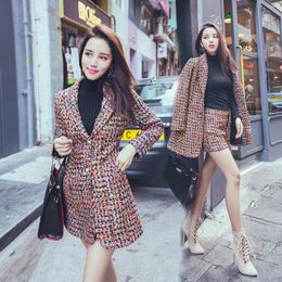 Women's Two Piece Pants Design Women Autumn Winter Long Sleeve Colourful Tweed Woollen Medium Coat And Shorts 2 Pieces Suit Twinset SMLXL