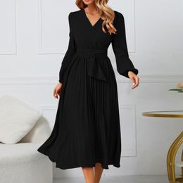 Basic Casual Dresses Long Sleeve Slim Dresses Woman Party Night Pleated Belt V Neck A Line Dress Ruffle Hem Flowy Midi Dresses 230906