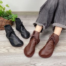 Boots Birkuir Genuine Leather Ankle Flats Shoes For Women Short Lace Up Flat Sole Soft Comfort Concise Leisure Ladies Boot 230905