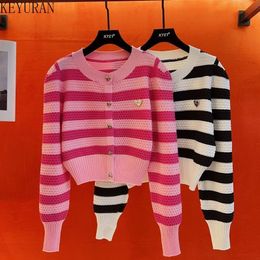Womens Sweaters Spring Pink Knitted Cardigan Women Korean Fashion Casual Vneck Long Sleeve Black White Striped Sweater Mujer Knitwear Tops 230905