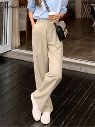 Womens Pants Capris Retro Straight Wide Leg Brown Vintage Female Korean High Waist Casual Long Navy Blue White Beige Trousers 230905