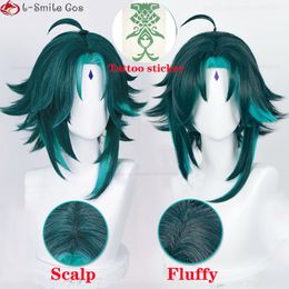 Cosplay Wigs Game Genshin Impact Cosplay Xiao Wig 40cm Short Green Hair With Stickers Ring Heat Resistant Synthetic Party Wigs Wig Cap 230906