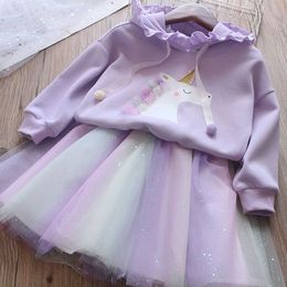 Jerseys Spring autumn girls cartoon hooded sweater Shirts rainbow skirt suit children s fashion two piece clothing sets 230906