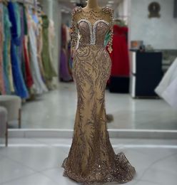 2023 Aso Ebi Arabic Gold Mermaid Prom Dress Beaded Crystals Sexy Evening Formal Party Second Reception Birthday Engagement Gowns Dresses Robe De Soiree ZJ367