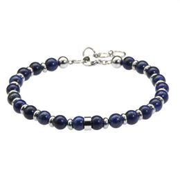 Strand Classical Style Fashion Men And Women Jewelry 6mm Navy Blue Lapis Lazuli Stainless Steel Chain Bracelets