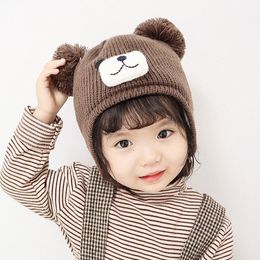 M646 New Autumn Winter Infant Baby Kids Knitted Hat Cartoon Bear Cap Wool Ball Ear Protection Fleece Children Skull Beanies Boys Girls Warm Hats