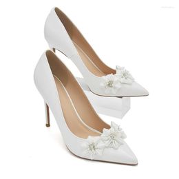 Dress Shoes Spring And Summer Pearl Flowers White PU Bride Wedding Thin High Heels Party Versatile Large Women's Single Shoe