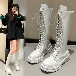 Boots Winter Long Boot Shoes Women White Lace Up Zip Height Increasing Pu Leather Plush Botas Mujer Big Size 35-43