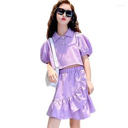 Clothing Sets Summer Teenage Girls Clothes Set Short Sleeve Crop Top Ruffles Skirt 2pcs Kids Girl Outfits Purple Green Suit 6 8 10 12 14