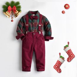 Clothing Sets 2023-08-15 Lioraitiin 0-7Years Kids Boys Christmas 2Pcs Outfit Plaid Bowtie Lapel Button-Down Shirts Tops Solid Suspender Pant