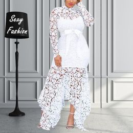 Plus size Dresses WSFEC S5xl Size For Women 2023 Bow Hollow Out Lace Patchwork Elegant Long Sleeve Pure Color Chic Ladies Clothes 230905