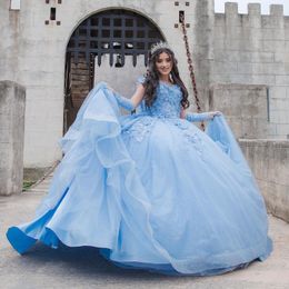 Sky Blue Shiny Quinceanera Dresses 3D Flowers Appliques Lace With Cape Ball Gown Off The Shoulder Corset Vestidos De XV Anos