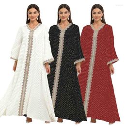 Ethnic Clothing 2023 Summer Autumn Elegant Muslim Women Long Sleeve V-neck Polyester White Black Red Dress Abaya Fashion