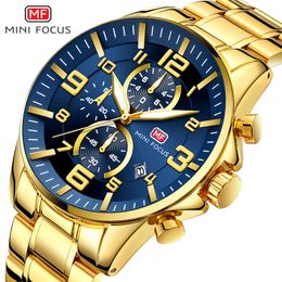 Wristwatches MINI FOCUS Mens Business Quartz Watches Stainless Chronograph Watch Gold Blue Relogios Masculino Clock Top Brand 0278G 230905