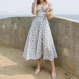 Casual Dresses 2023 Summer Long Dress Women Short Puff Sleeve Flroal Printed Ruched Party High Split Maxi Drawstring Sexy Robe Femme